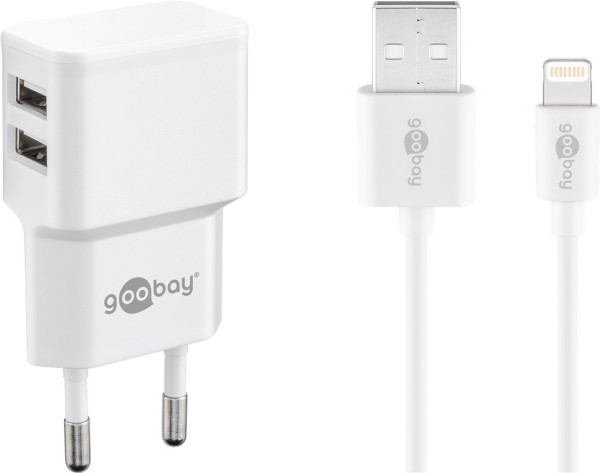 goobay Apple Lightning Dual Ladeset 2,4 A Netzteil mit 2 x USB Buchse und Apple Lightning Kabel weiß