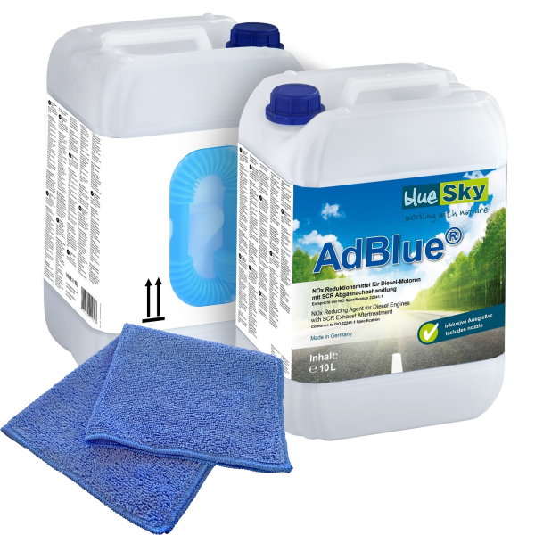 2x blueSky AdBlue® inkl. Ausgießer 10 L + Microfasertuch blau 30 x 30 cm