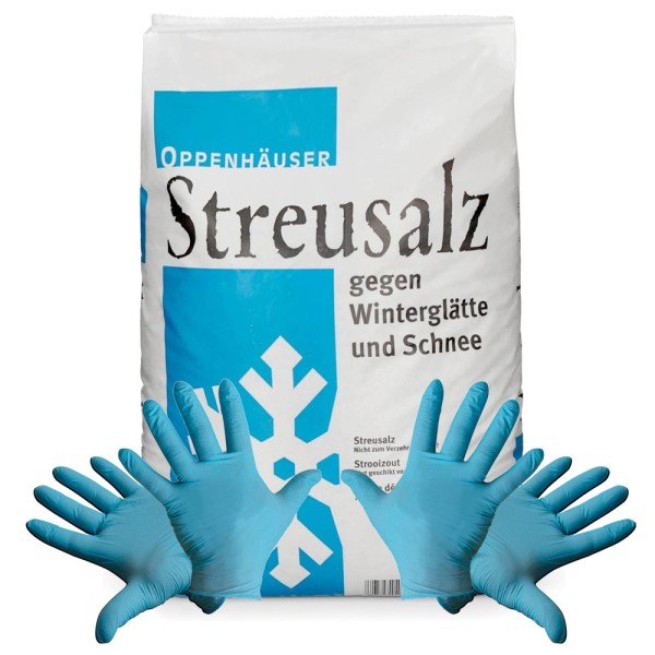 Oppenhäuser Streusalz/Auftausalz grobkörnig 25 kg + 2 paar Einweg Nitril-Handschuhe